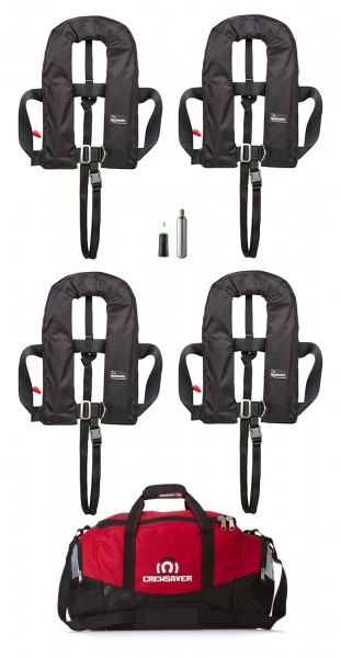Set of Four Bluewave Black 150N Auto harness lifejackets, with holdall & service kit