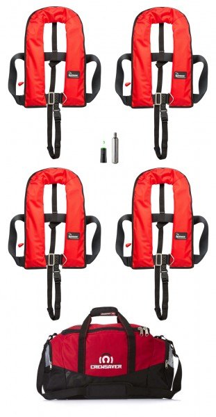 Set of Four Red 150N Auto harness lifejackets, with holdall and service kit